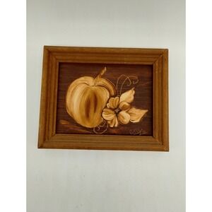 Fall Pumpkin  Painting Wood Signed 6 " X 4.75" Tall Framed Rustic Primitive